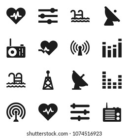 Flat vector icon set - heart pulse vector, pool, satellite antenna, equalizer, wireless, radio