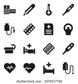 Flat vector icon set - heart pulse vector, thermometer, pills blister, anamnesis, hospital bed, building, tomography, drop counter