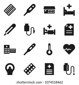 Flat vector icon set - heart pulse vector, thermometer, pills blister, anamnesis, hospital bed, building, tomography, drop counter