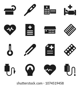 Flat vector icon set - heart pulse vector, thermometer, pills blister, anamnesis, hospital bed, building, tomography, drop counter