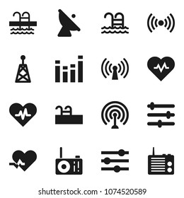 Flat vector icon set - heart pulse vector, pool, satellite antenna, equalizer, wireless, radio