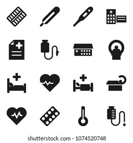 Flat vector icon set - heart pulse vector, thermometer, pills blister, anamnesis, hospital bed, building, tomography, drop counter