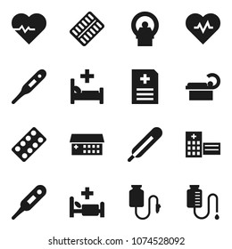 Flat vector icon set - heart pulse vector, thermometer, pills blister, anamnesis, hospital bed, building, tomography, drop counter
