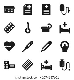 Flat vector icon set - heart pulse vector, thermometer, pills blister, anamnesis, hospital bed, building, tomography, drop counter