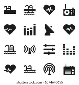 Flat vector icon set - heart pulse vector, pool, satellite antenna, equalizer, wireless, radio