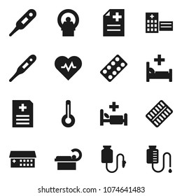 Flat vector icon set - heart pulse vector, thermometer, pills blister, anamnesis, hospital bed, building, tomography, drop counter