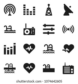 Flat vector icon set - heart pulse vector, pool, satellite antenna, equalizer, wireless, radio