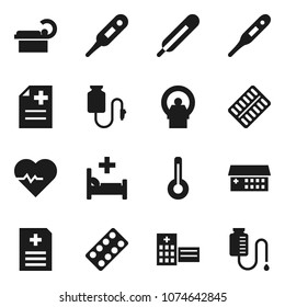 Flat vector icon set - heart pulse vector, thermometer, pills blister, anamnesis, hospital bed, building, tomography, drop counter