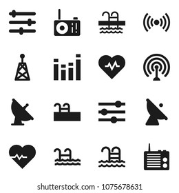 Flat vector icon set - heart pulse vector, pool, satellite antenna, equalizer, wireless, radio
