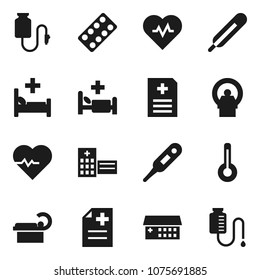 Flat vector icon set - heart pulse vector, thermometer, pills blister, anamnesis, hospital bed, building, tomography, drop counter