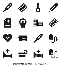 Flat vector icon set - heart pulse vector, thermometer, pills blister, anamnesis, hospital bed, building, tomography, drop counter