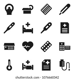 Flat vector icon set - heart pulse vector, thermometer, pills blister, anamnesis, hospital bed, building, tomography, drop counter