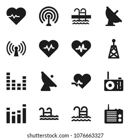 Flat vector icon set - heart pulse vector, pool, satellite antenna, equalizer, wireless, radio