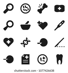 Flat vector icon set - heart cross vector, first aid kit, thermometer, dna, magnifier, insemination, scalpel, broken bone, mortar, microbs, anamnesis, tooth