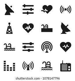 Flat vector icon set - heart pulse vector, pool, satellite antenna, equalizer, wireless, radio