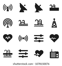 Flat vector icon set - heart pulse vector, pool, satellite antenna, equalizer, wireless, radio