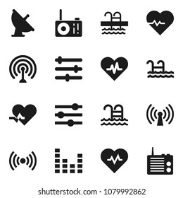 Flat vector icon set - heart pulse vector, pool, satellite antenna, equalizer, wireless, radio