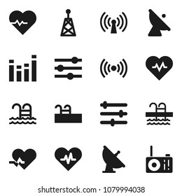 Flat vector icon set - heart pulse vector, pool, satellite antenna, equalizer, wireless, radio