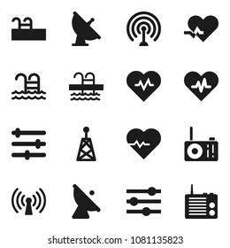 Flat vector icon set - heart pulse vector, pool, satellite antenna, equalizer, wireless, radio