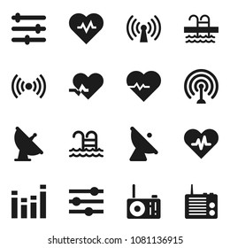 Flat vector icon set - heart pulse vector, pool, satellite antenna, equalizer, wireless, radio