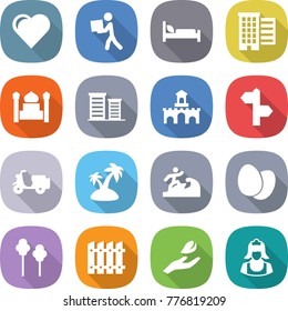 flat vector icon set - heart vector, courier, hospital bed, houses, minaret, district, fort, signpost, scooter shipping, island, surfer, eggs, trees, fence, hand leaf, cleaner