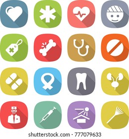 flat vector icon set - heart vector, ambulance star, pulse, bandaged head, medical label, broken bone, stethoscope, pill, harness, tooth, kidneys, doctor, syringe, sun potection, rake