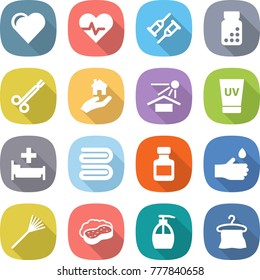 flat vector icon set - heart vector, pulse, crutch, pills bottle, surgical clamp, real estate, sun potection, uv cream, hospital, towel, hand drop, rake, sponge with foam, liquid soap, hanger