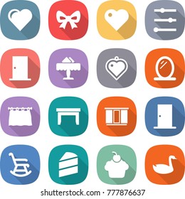 flat vector icon set - heart vector, bow, equalizer, door, restaurant, pendant, mirror, curtain, table, wardrobe, rocking chair, cake, cupcake, goose