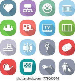 flat vector icon set - heart vector, structure, donut, airport building, helmet, trailer, tv, window, pool, magnetic field, handle scales, potato, watering can, trash bin, blower, brooming