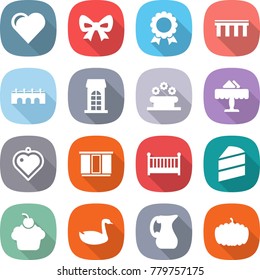 flat vector icon set - heart vector, bow, medal, bridge, building, flower bed, restaurant, pendant, wardrobe, crib, cake, cupcake, goose, jug, pumpkin