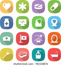 flat vector icon set - heart vector, ambulance star, pill, pills bottle, monitor pulse, broken hand, medical harness, hat, flag, sun potection, mirror, rake, sponge with foam, liquid soap, bath
