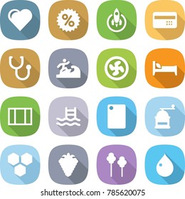flat vector icon set - heart vector, percent, rocket, credit card, stethoscope, surfer, cooler fan, bed, window, pool, cutting board, hand mill, honeycombs, berry, trees, drop