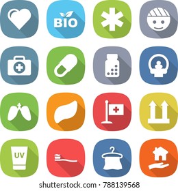 flat vector icon set - heart vector, bio, ambulance star, bandaged head, doctor case, pill, pills bottle, tomography, lungs, liver, medical flag, cargo top sign, uv cream, tooth brush, hanger