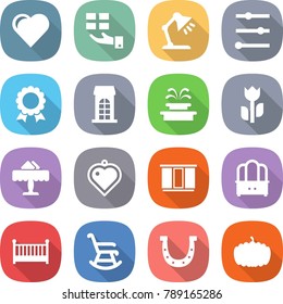flat vector icon set - heart vector, gift, table lamp, equalizer, medal, building, fountain, perishable, restaurant, pendant, wardrobe, dresser, crib, rocking chair, horseshoe, pumpkin