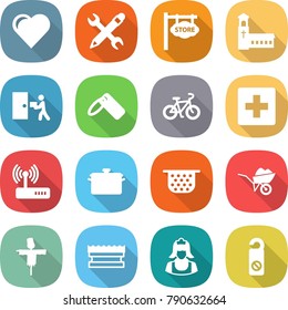 flat vector icon set - heart vector, pencil wrench, store signboard, church, courier delivery, label, bike, first aid, router, pan, colander, wheelbarrow, scarecrow, sponge, cleaner, do not distrub