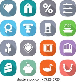 flat vector icon set - heart vector, gift, percent, equalizer, medal, column, building, fountain, perishable, pendant, wardrobe, dresser, cake, cupcake, goose, horseshoe