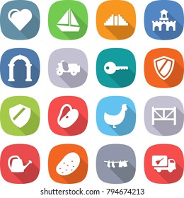 flat vector icon set - heart vector, boat, pyramid, fort, arch, scooter shipping, key, shield, beans, chicken, farm fence, watering can, potato, drying clothes, home call cleaning
