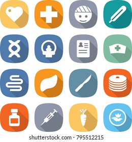 flat vector icon set - heart vector, medical cross, bandaged head, thermometer, dna, tomography, anamnesis, hat, intestines, liver, scalpel, pancakes, pills bottle, syringe, carrot, ecology