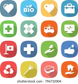 flat vector icon set - heart vector, bio, doctor bag, medical cross, patch, ambulance car, monitor pulse, flag, hand leaf, drop, recycling, rake, sponge with foam, housing
