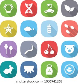flat vector icon set - hex molecule vector, dna, electric car, leafs, starfish, fish, spike, seeds, trees, sickle, cherry, pig, rabbit, udder, fertilizer, ecology