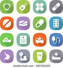 flat vector icon set - hex molecule vector, medical label, patch, pill, pills blister, head reflector, recipe, ambulance car, dropper, stomach, warehouse scales, uv cream, hospital