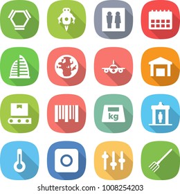 flat vector icon set - hex molecule vector, jet robot, wc, calendar, skyscraper, globe, plane, warehouse, transporter tape, bar code, heavy, detector, thermometer, ring button, setup, fork