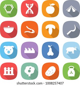 flat vector icon set - hex molecule vector, dna, apple, tent, cauldron, walnut crack, mushroom, sickle, pig, seedling, pear, sheep, grain elevator, garden, potato, fertilizer