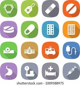 flat vector icon set - hex molecule vector, medical label, patch, pill, pills blister, head reflector, hospital, ambulance car, dropper, stomach, warehouse scales, syringe