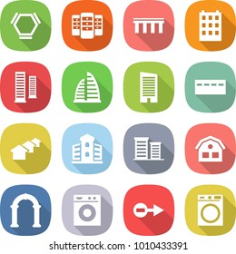 flat vector icon set - hex molecule vector, server, bridge, building, skyscrapers, skyscraper, bunker, houses, district, house, arch, washing machine, electron