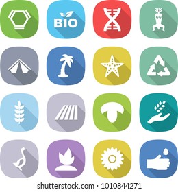 flat vector icon set - hex molecule vector, bio, dna, modify, tent, palm, starfish, recycle, spike, field, mushroom, harvest, goose, sprouting, flower, hand drop