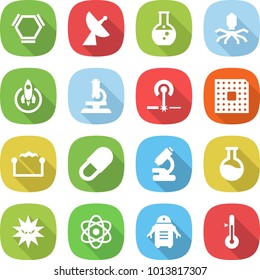 flat vector icon set - hex molecule vector, satellite antenna, round flask, virus, rocket, microscope, laser, cpu, electrostatic, pill, atom, robot, thermometer