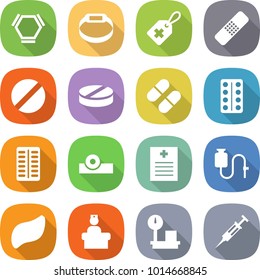 flat vector icon set - hex molecule vector, smart bracelet, medical label, patch, pill, pills blister, head reflector, recipe, dropper, liver, hospital recieption, warehouse scales, syringe