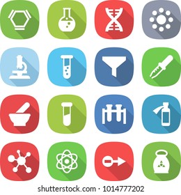 flat vector icon set - hex molecule vector, round flask, dna, around, microscope, vial, funnel, pipette, mortar, test, potion bottle, virus, atom, electron, fertilizer