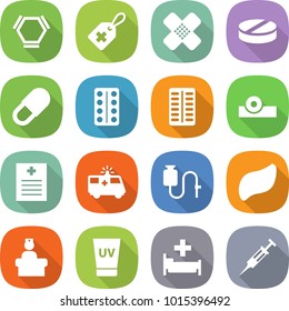 flat vector icon set - hex molecule vector, medical label, patch, pill, pills blister, head reflector, recipe, ambulance car, dropper, liver, hospital recieption, uv cream, syringe